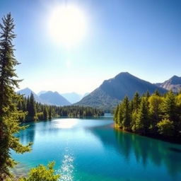 Generate an image of a serene landscape featuring a clear blue lake surrounded by lush green trees and mountains in the background under a bright, sunny sky