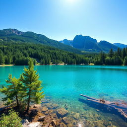 Generate an image of a serene landscape featuring a clear blue lake surrounded by lush green trees and mountains in the background under a bright, sunny sky