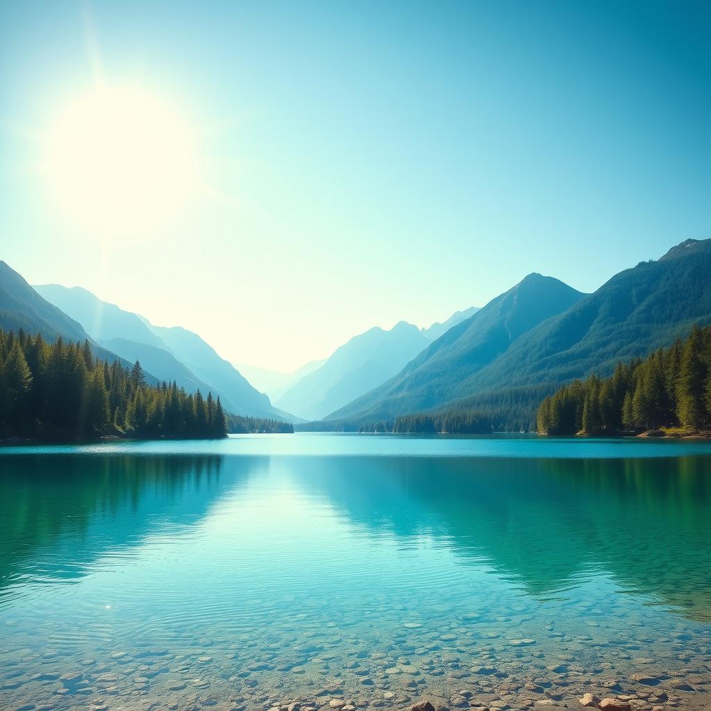 Generate an image of a serene landscape featuring a clear blue lake surrounded by lush green trees and mountains in the background under a bright, sunny sky