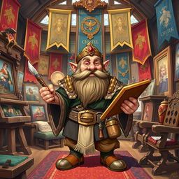 A detailed illustration of a dwarf guild leader who is also an artist, in a grand studio filled with artworks and guild banners