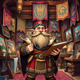 A detailed illustration of a dwarf guild leader who is also an artist, in a grand studio filled with artworks and guild banners