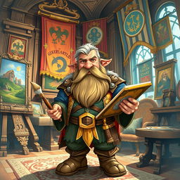 A detailed illustration of a dwarf guild leader who is also an artist, in a grand studio filled with artworks and guild banners