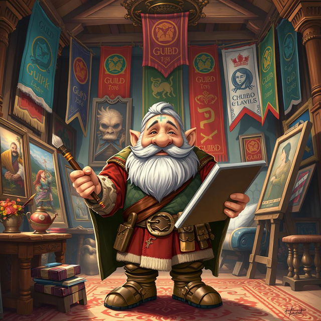 A detailed illustration of a dwarf guild leader who is also an artist, in a grand studio filled with artworks and guild banners