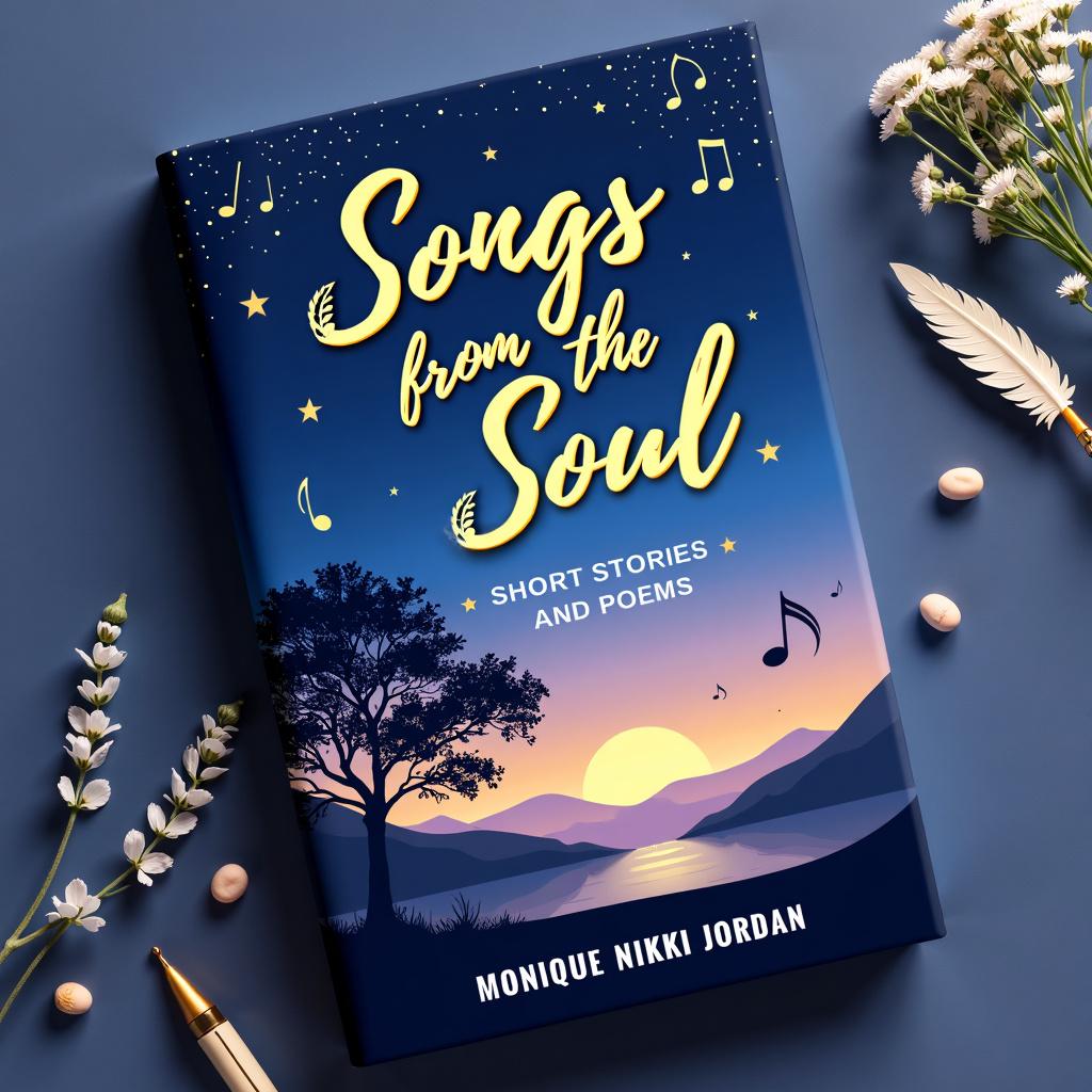 Create a book cover for 'Songs from the Soul; Short Stories and Poems' by Monique Nikki Jordan, featuring a tranquil twilight sky background, elegant fonts, and subtle artistic elements like musical notes and quill pens