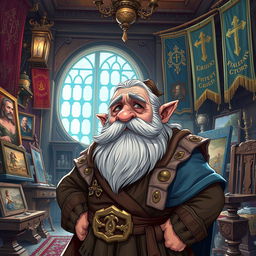 A detailed illustration of a tired dwarf guild leader who is also an artist, in a grand studio filled with artworks and guild banners