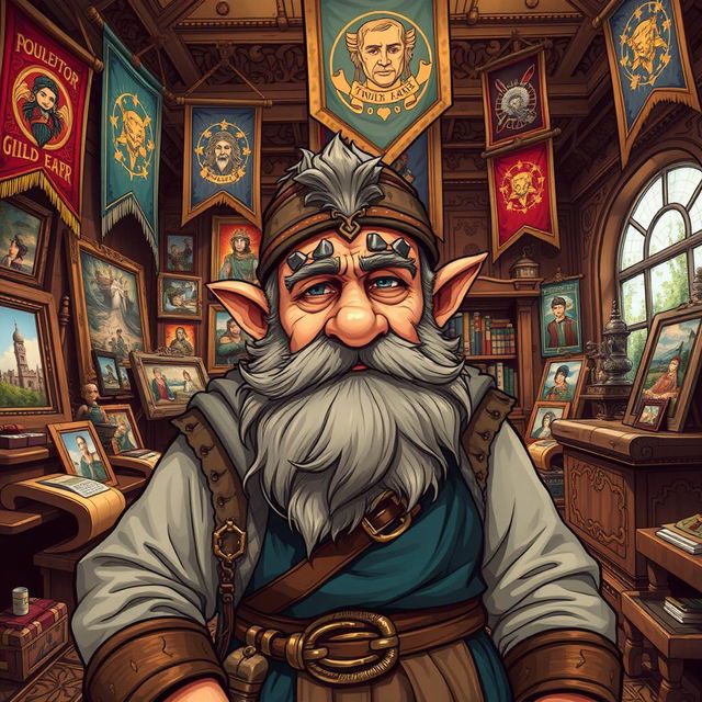 A detailed illustration of a tired dwarf guild leader who is also an artist, in a grand studio filled with artworks and guild banners