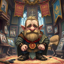 A detailed illustration of a tired dwarf guild leader who is also an artist, in a grand studio filled with artworks and guild banners