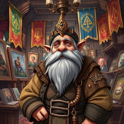 A detailed illustration of a tired dwarf guild leader who is also an artist, in a grand studio filled with artworks and guild banners