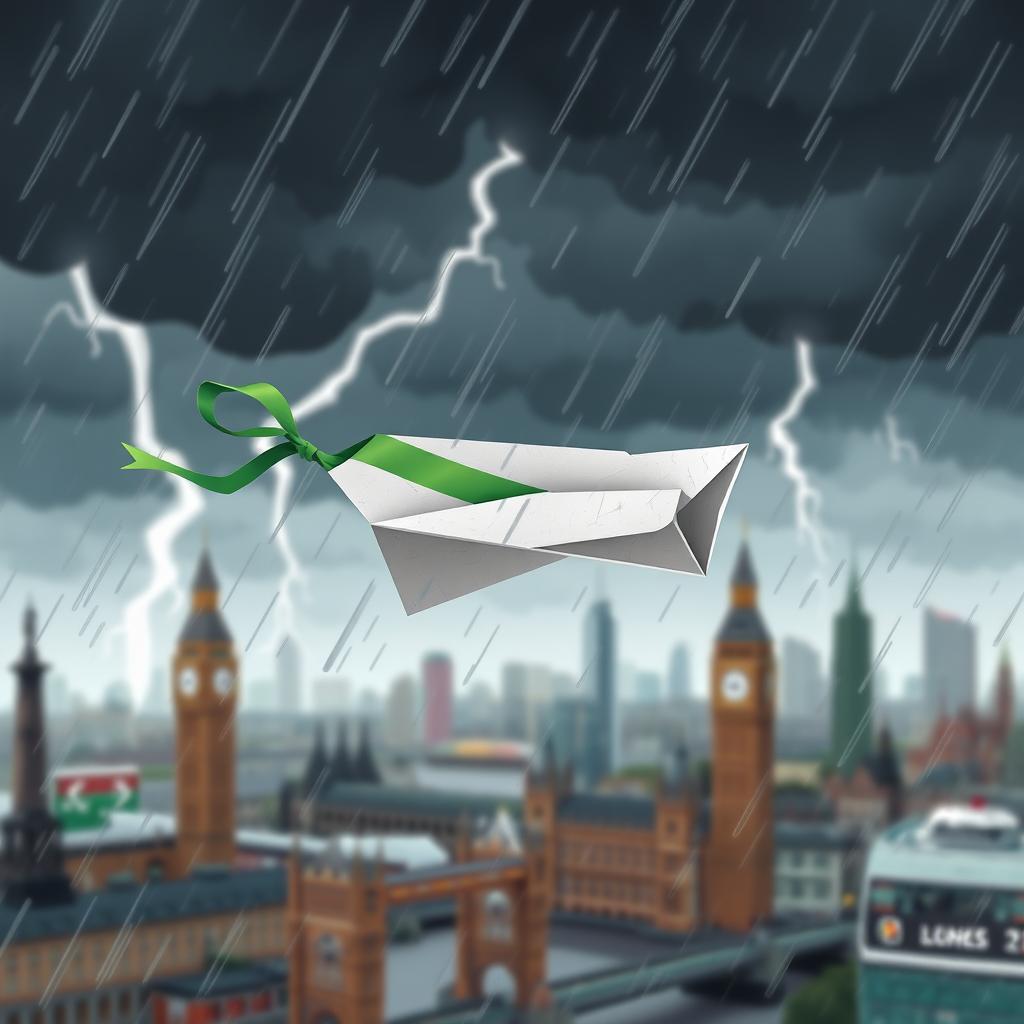 A damaged paper plane with a green ribbon caught in turbulence in the middle of a storm over a blurred, cartoon-style London