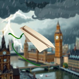 A damaged paper plane with a green ribbon caught in turbulence in the middle of a storm over a blurred, cartoon-style London