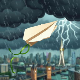 A damaged paper plane with a green ribbon caught in turbulence in the middle of a storm over a blurred, cartoon-style London