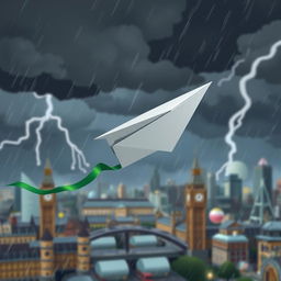 A damaged paper plane with a green ribbon caught in turbulence in the middle of a storm over a blurred, cartoon-style London