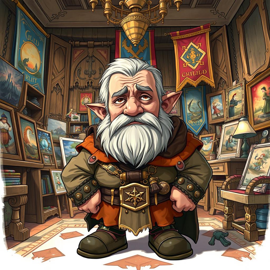 A detailed illustration of a tired dwarf guild leader who is also an artist, in a grand studio filled with artworks and guild banners