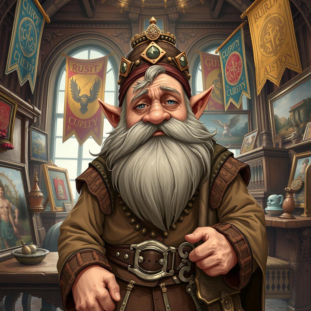 A detailed illustration of a tired dwarf guild leader who is also an artist, in a grand studio filled with artworks and guild banners