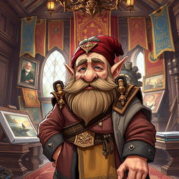 A detailed illustration of a tired dwarf guild leader who is also an artist, in a grand studio filled with artworks and guild banners