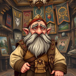 A detailed illustration of a tired dwarf guild leader who is also an artist, in a grand studio filled with artworks and guild banners