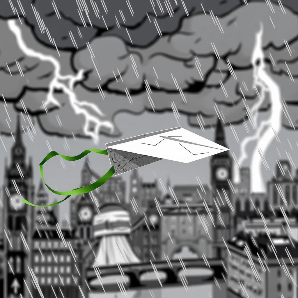 A damaged paper plane with a green ribbon caught in turbulence in the middle of a storm over a blurred, black and white cartoon-style London