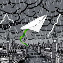 A damaged paper plane with a green ribbon caught in turbulence in the middle of a storm over a blurred, black and white cartoon-style London