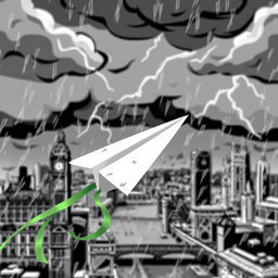 A damaged paper plane with a green ribbon caught in turbulence in the middle of a storm over a blurred, black and white cartoon-style London