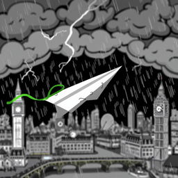 A damaged paper plane with a green ribbon caught in turbulence in the middle of a storm over a blurred, black and white cartoon-style London