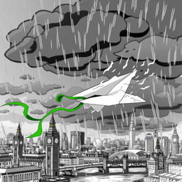 A damaged paper plane with a green ribbon caught in turbulence in the middle of a storm over the city of London