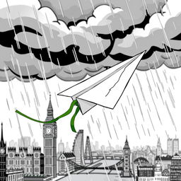 A damaged paper plane with a green ribbon caught in turbulence in the middle of a storm over the city of London