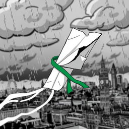 A damaged paper plane with a green ribbon caught in turbulence in the middle of a storm over the city of London