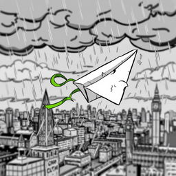 A damaged paper plane with a green ribbon caught in turbulence in the middle of a storm over the city of London