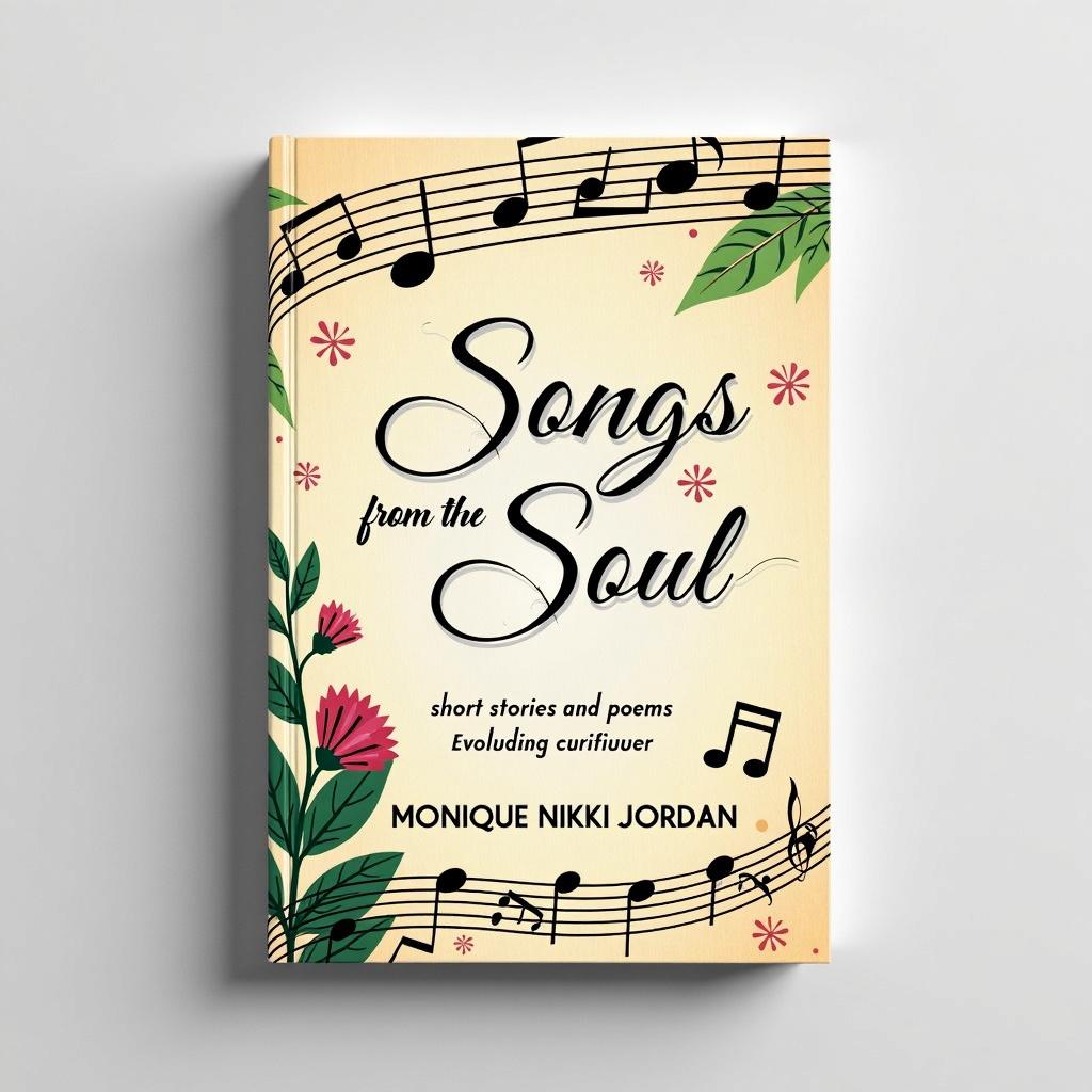 A printable book cover for 'Songs from the Soul; short stories and poems' by Monique Nikki Jordan, featuring an elegant, emotional design with flowing lines, musical notes, and nature-inspired motifs