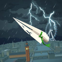 A damaged paper plane caught in turbulence in the middle of a storm over the city of London