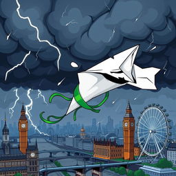 A damaged paper plane caught in turbulence in the middle of a storm over the city of London