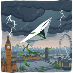 A damaged paper plane caught in turbulence in the middle of a storm over the city of London