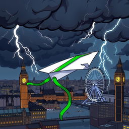 A damaged paper plane caught in turbulence in the middle of a storm over the city of London