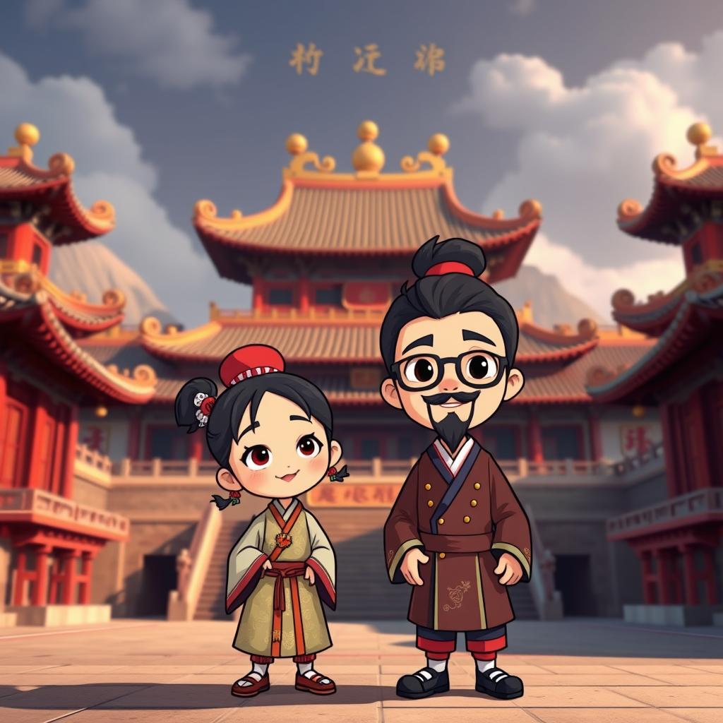 A cartoon-style image set in an ancient Chinese palace with a 16:9 aspect ratio