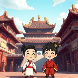 A cartoon-style image set in an ancient Chinese palace with a 16:9 aspect ratio