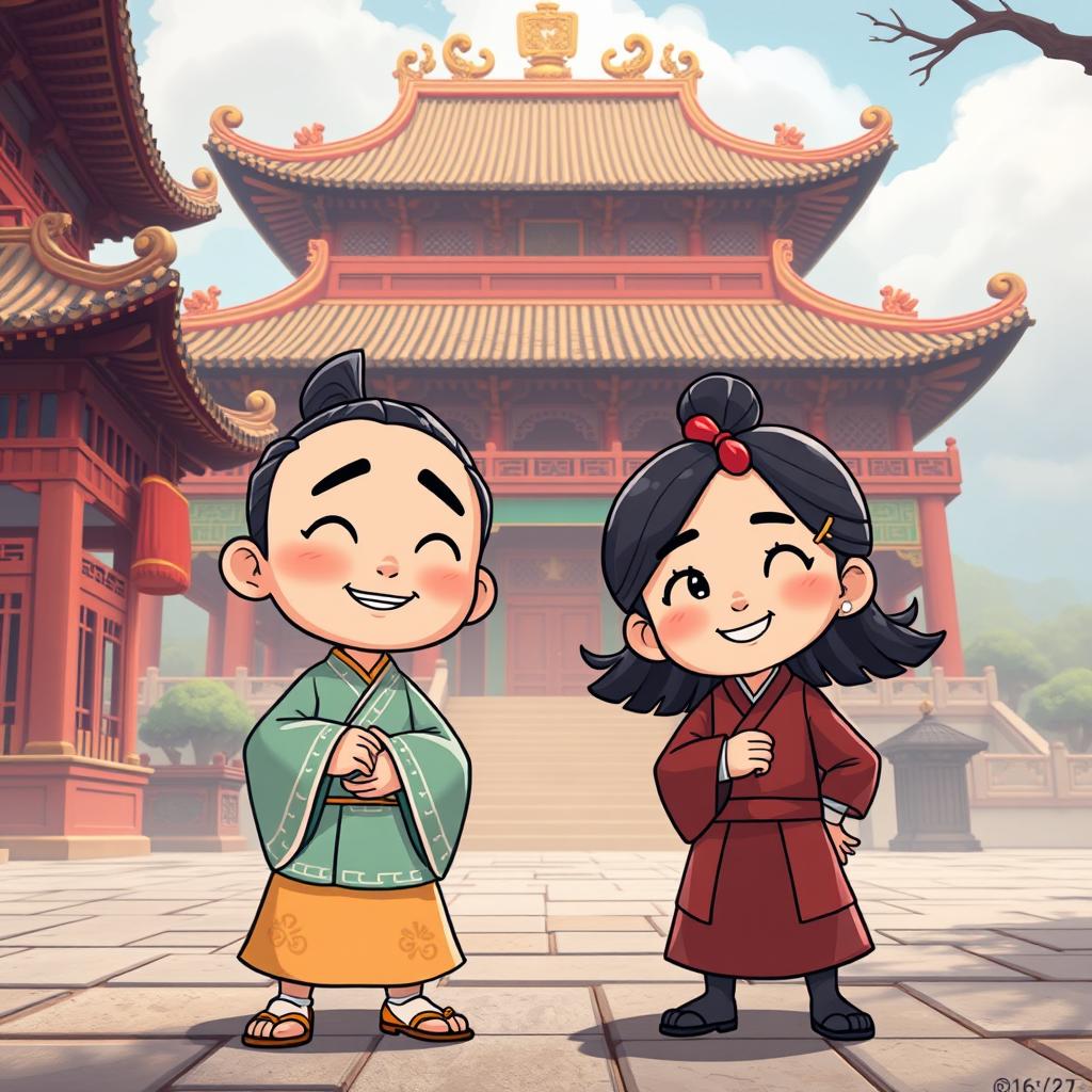 A cartoon-style image set in an ancient Chinese palace with a 16:9 aspect ratio