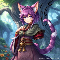 A detailed and vibrant illustration of a Miqo'te character from Final Fantasy XIV