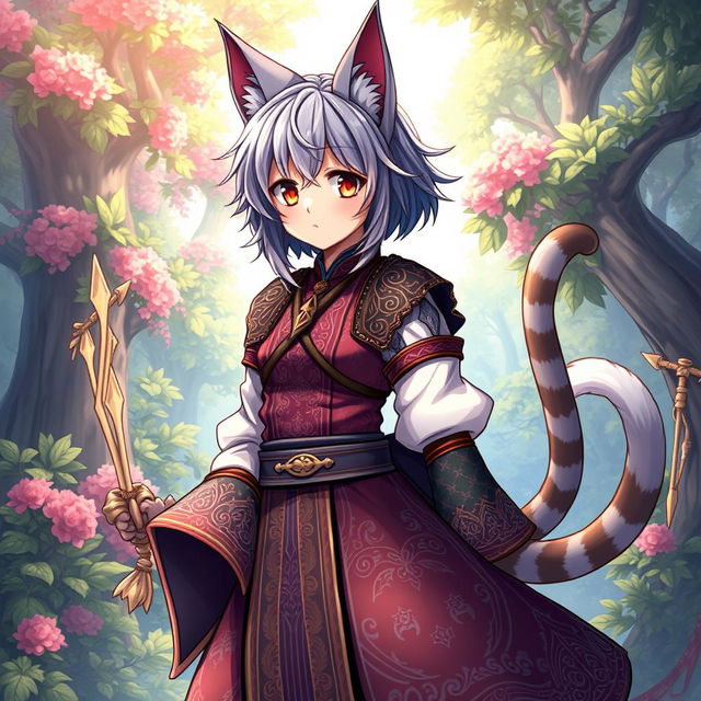 A detailed and vibrant illustration of a Miqo'te character from Final Fantasy XIV