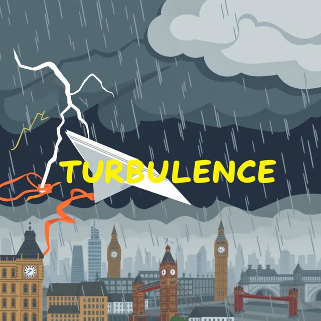 A paper plane caught in turbulence in the middle of a storm over cartoon-style London, with a ribbon wrapped around its body