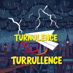 A paper plane caught in turbulence in the middle of a storm over cartoon-style London, with a ribbon wrapped around its body