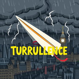 A paper plane caught in turbulence in the middle of a storm over cartoon-style London, with a ribbon wrapped around its body