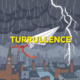 A paper plane caught in turbulence in the middle of a storm over cartoon-style London, with a ribbon wrapped around its body