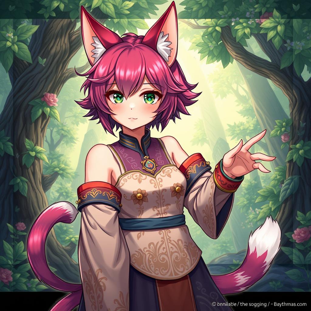 A detailed and vibrant illustration of a Miqo'te character from Final Fantasy XIV missing one of their arms