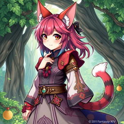 A detailed and vibrant illustration of a Miqo'te character from Final Fantasy XIV missing one of their arms