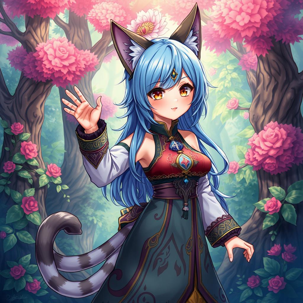 A detailed and vibrant illustration of a Miqo'te character from Final Fantasy XIV missing one of their arms