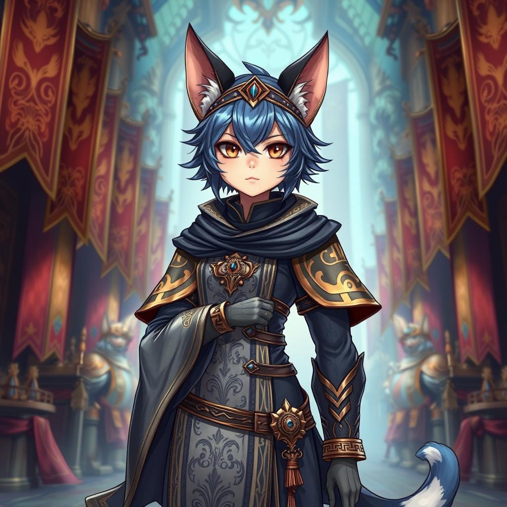 A detailed and vibrant illustration of a Miqo'te character from Final Fantasy XIV as a guild leader