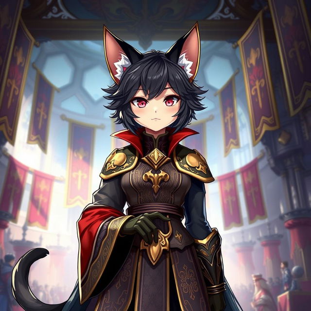 A detailed and vibrant illustration of a Miqo'te character from Final Fantasy XIV as a guild leader