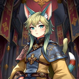 A detailed and vibrant illustration of a Miqo'te character from Final Fantasy XIV as a guild leader