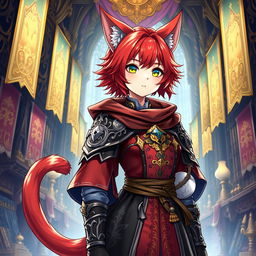 A detailed and vibrant illustration of a Miqo'te character from Final Fantasy XIV as a guild leader with red hair