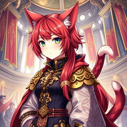 A detailed and vibrant illustration of a Miqo'te character from Final Fantasy XIV as a guild leader with red hair